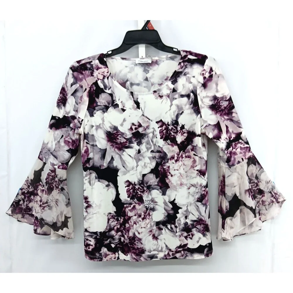 Calvin Klein Blouse Womens Large White Purple Floral Bell Sleeve Round Neck Top - Picture 1 of 6